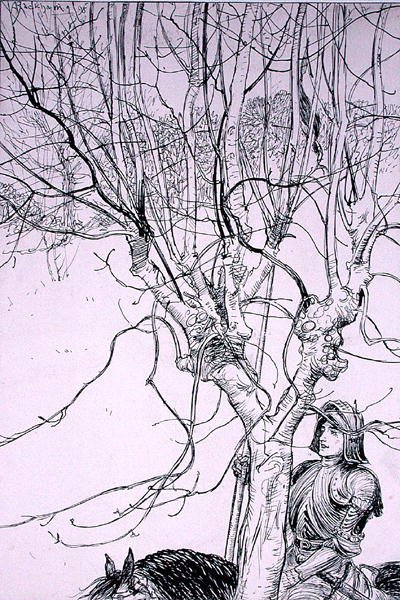 „Kiedy kładłem Thinkynge, on jechał swoją drogą”, ilustracja z „The Ingoldsby Legends, or Mirth and Marvels”, autorstwa Thomasa Ingoldsby, opublikowanej w 1898 r. (pióro i atrament na papierze) autorstwa Arthur Rackham