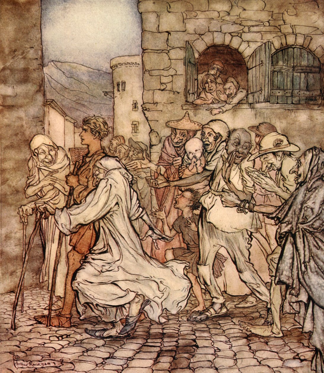 Gdy Perseusz szedł wzdłuż ludzi, którzy wskazywali za nim, ilustracja z „Cudownej książki dla dziewcząt i chłopców” Nathaniela Hawthorne