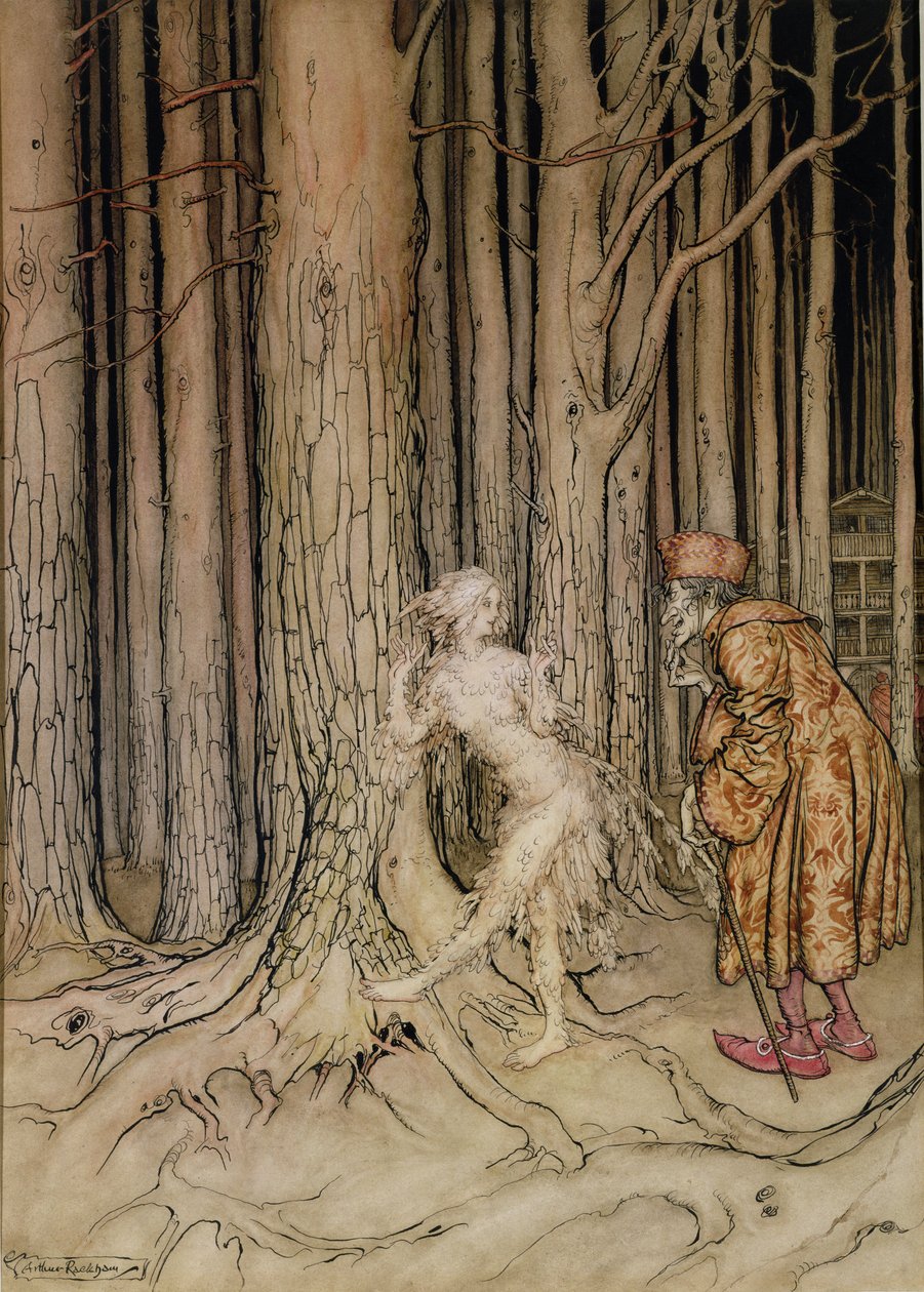 W końcu spotkała pana młodego, który powoli wracał, ilustracja do Fitchers Bird, z Little Brother, Little Sister, braci Grimm, 1917 (toaleta i pióro i atrament na papierze) (patrz także 28797) autorstwa Arthur Rackham
