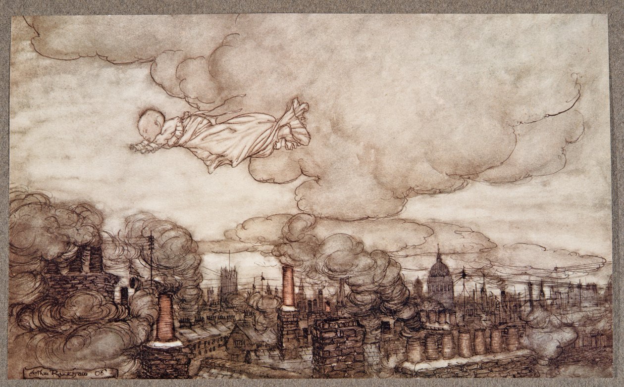 Z dala poleciał tuż nad domami do Ogrodów, od Piotrusia Pana w Kensington Gardens JM Barrie (1860 - 1937), wyd. 1906 autorstwa Arthur Rackham