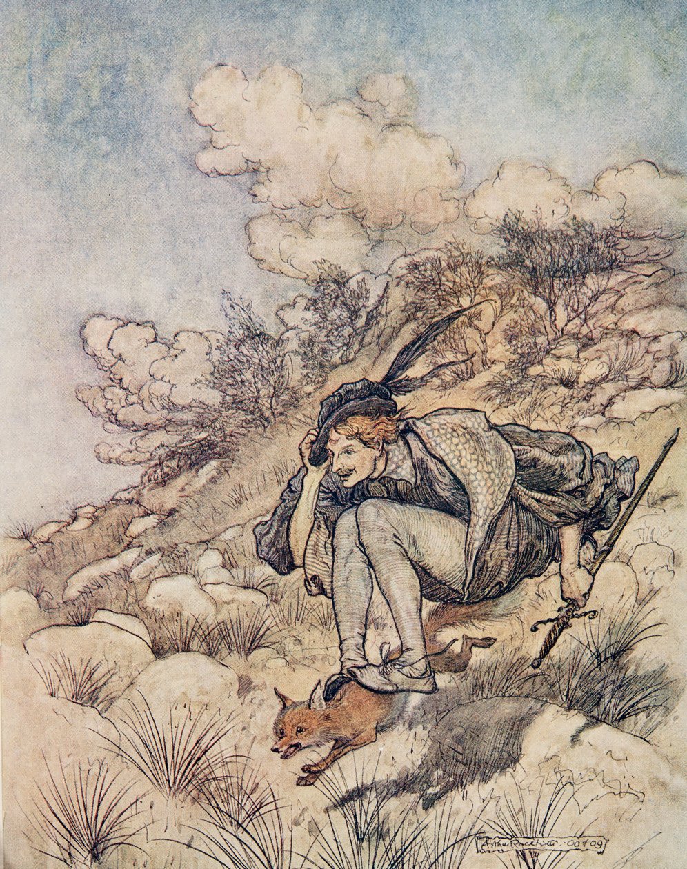 Odlecieli nad towarem i kamieniem, w takim tempie, że jego włosy gwizdały na wietrze, z pubu The Fairy Tales of the Brothers Grimm. 1909 autorstwa Arthur Rackham