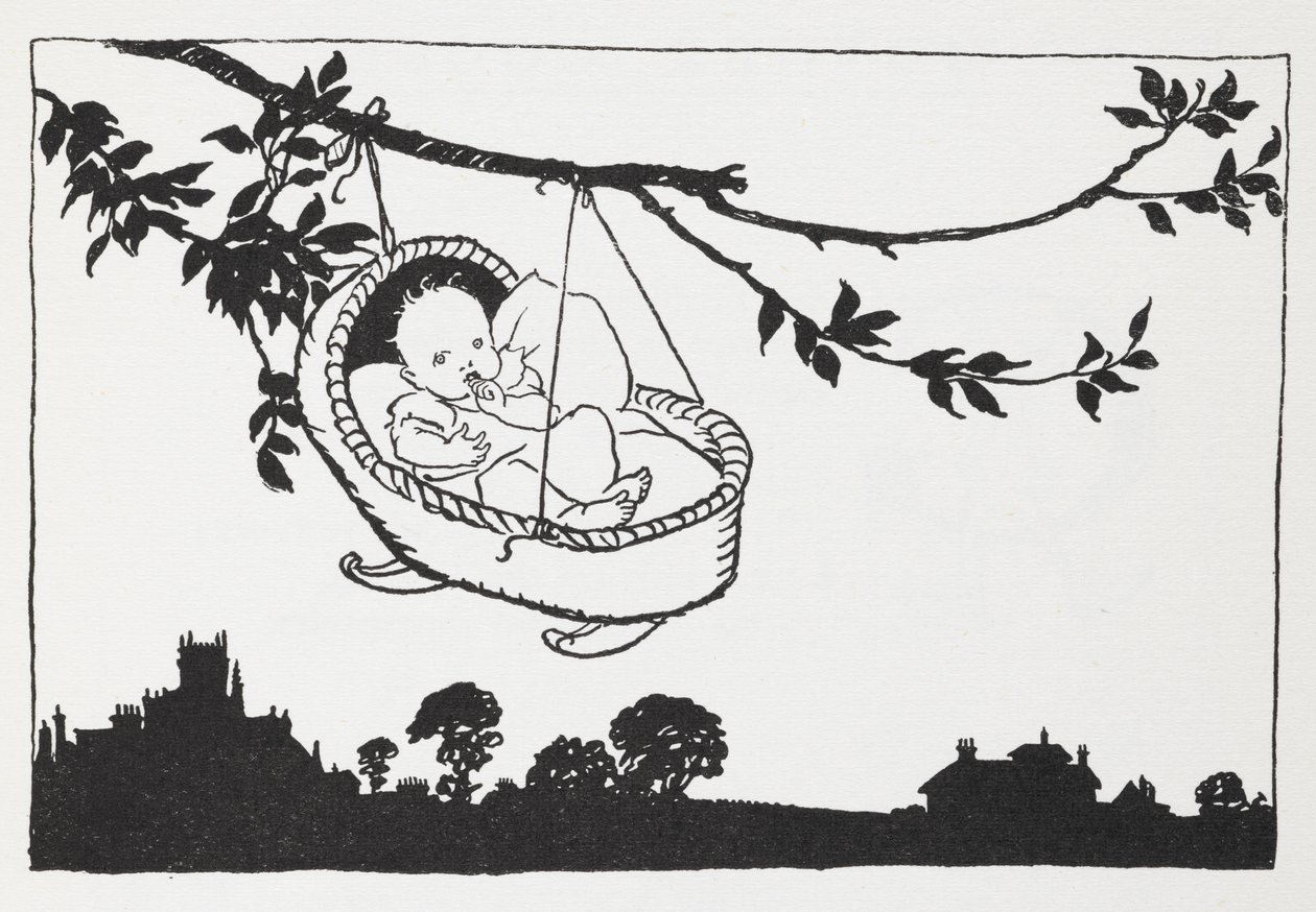 Dziecko w łóżeczku zwisającym z gałęzi. autorstwa Arthur Rackham