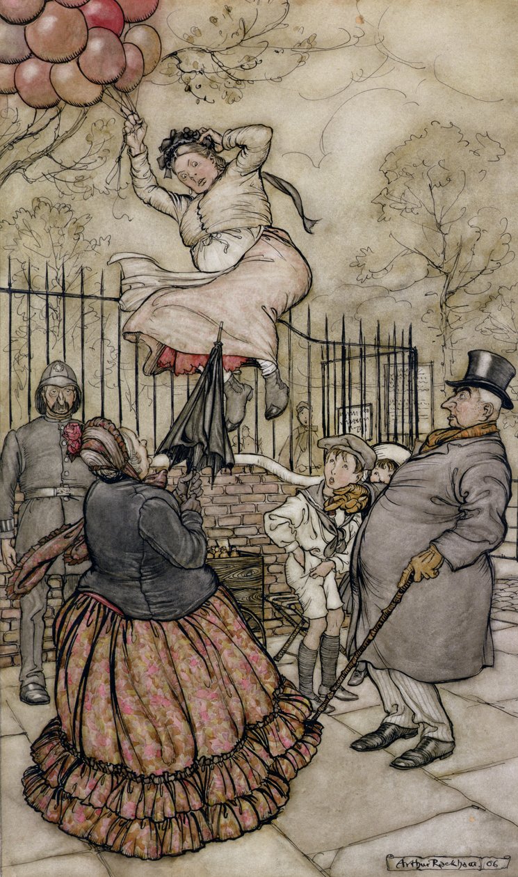 Balony, ilustracja z Piotrusia Pana w Kensington Gardens, autorstwa J.M Barrie, opublikowana w 1906 r. (pióro i atrament oraz toaleta na papierze) autorstwa Arthur Rackham