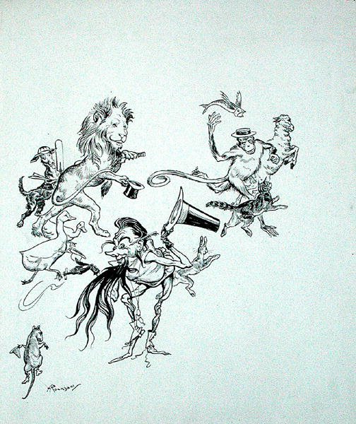 „Ptaki, zwierzęta i ryby przemykały w pomieszanych masach”, ilustracja z „Zankiwank i czarodziejka”, autorstwa S.J. Adair Fitzgerald, opublikowany 1896 (pióro i atrament na papierze) autorstwa Arthur Rackham