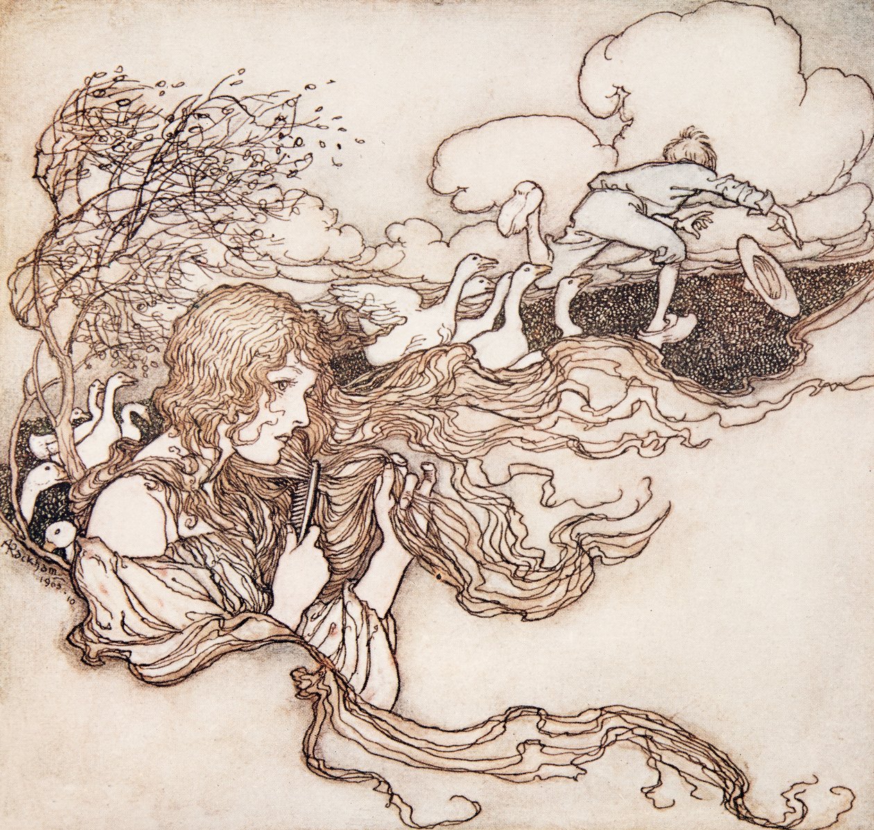 Dmuchaj, dmuchnij, wietrzyk, a kapelusz Conrada chwyta. z Bajek braci Grimm, wyd. 1909 autorstwa Arthur Rackham