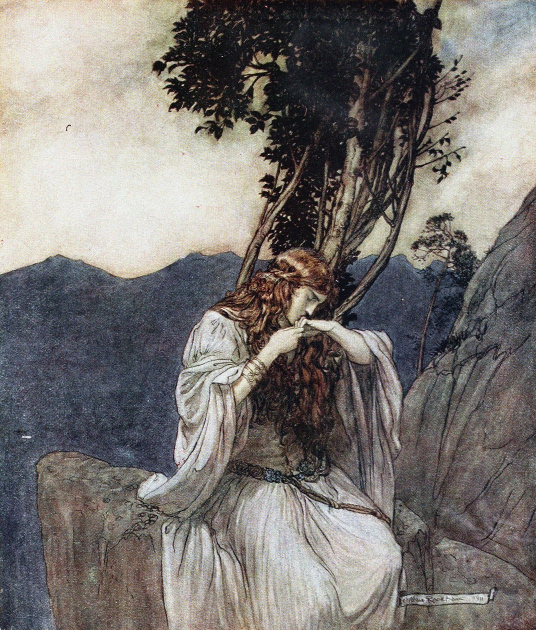 Brunhilda całuje pierścień, który zostawił jej Zygfryd. Ilustracja do Zygfryda i The Twi autorstwa Arthur Rackham
