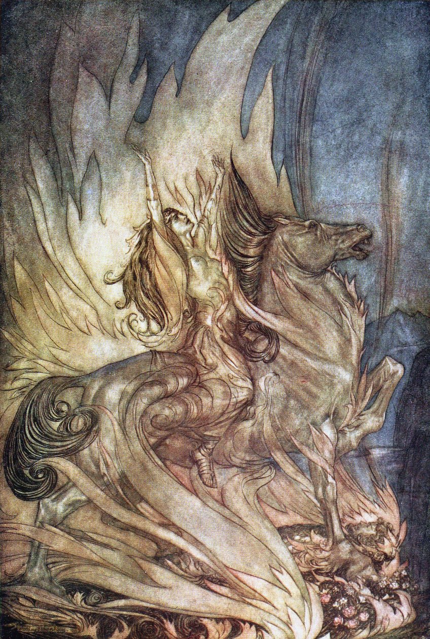 Brünnhilde on Grane wskakuje na stos pogrzebowy Zygfryda. Ilustracja do Zygfryda i Tw autorstwa Arthur Rackham