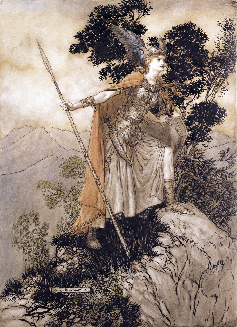 Brunhilda, ilustracja ze Złota Renu i Walkirii Richarda Wagnera, 1910 (pióro i atrament, wc na papierze) autorstwa Arthur Rackham