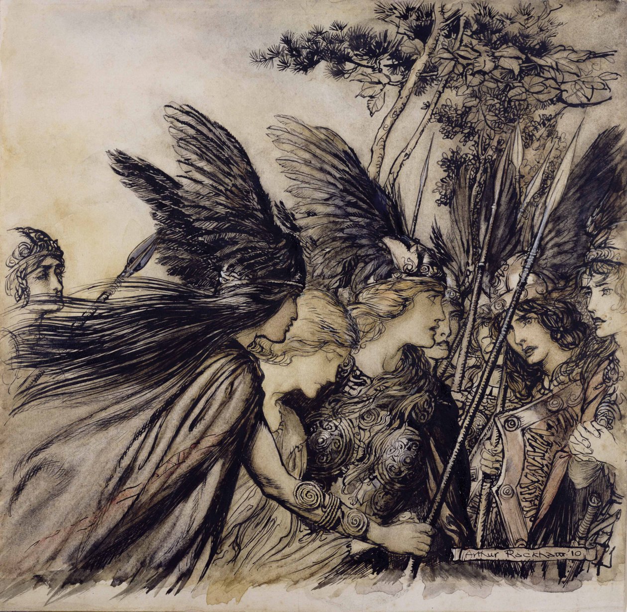 Brunhilda błaga Walkirie, ilustracja z Złoto Renu i Walkiria, Richard Wagner, wydanie opublikowane 1910 (pióro, atrament i toaleta na papierze) autorstwa Arthur Rackham