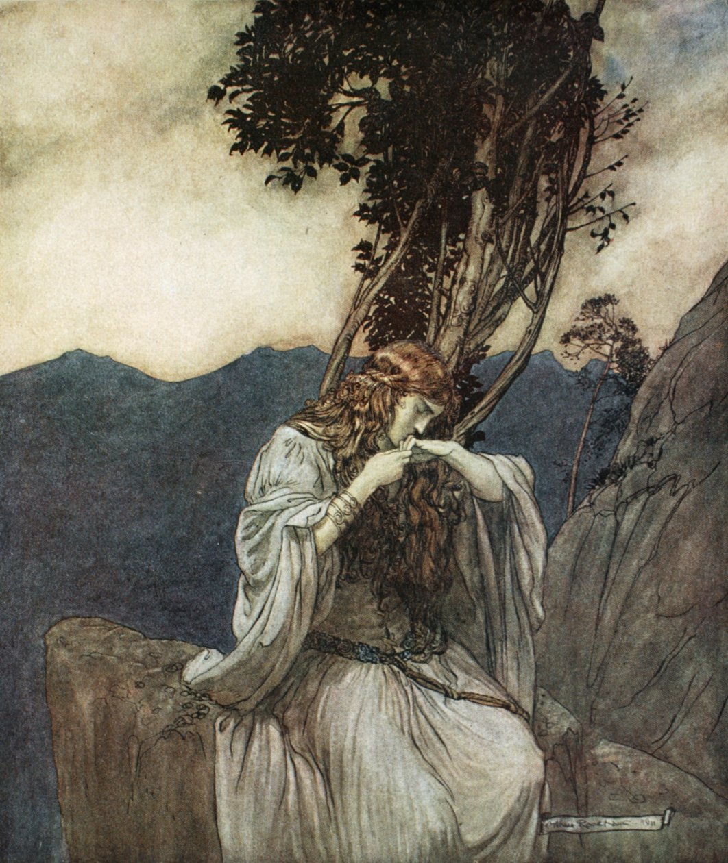 „Brunnhilda całuje pierścień, który zostawił jej Zygfryd”, 1924. autorstwa Arthur Rackham
