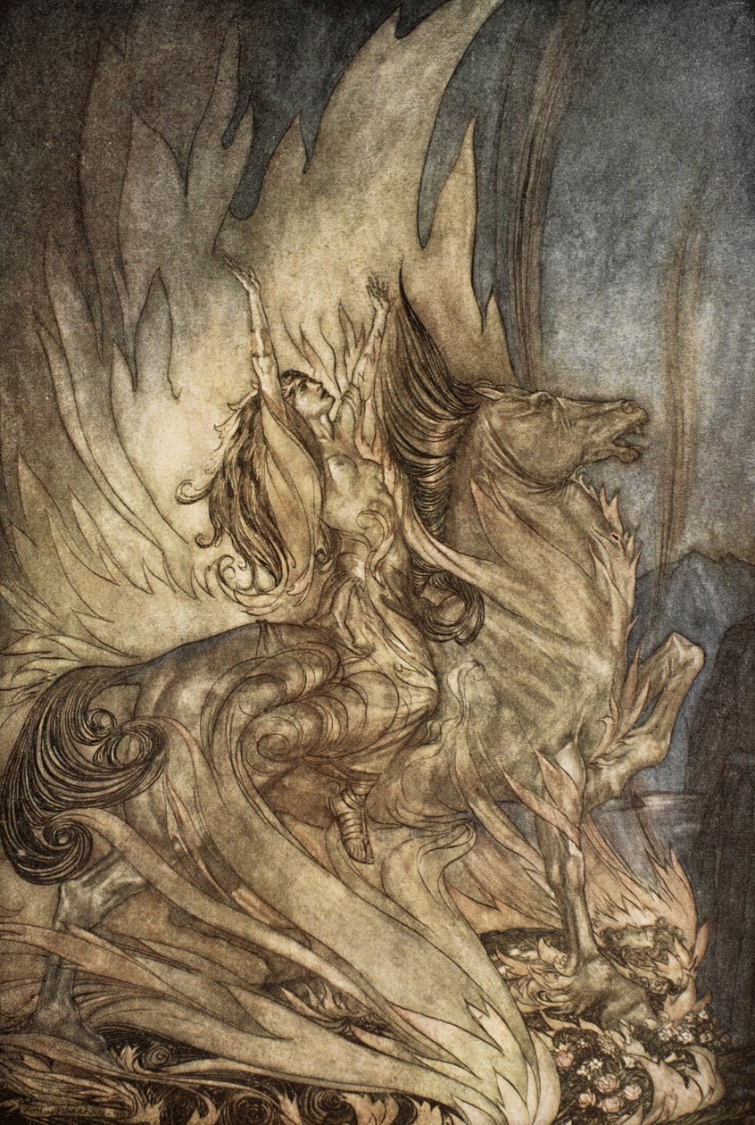 Brunhilda on Grane wskakuje na stos pogrzebowy Zygfryda, ilustracja z filmu „Zygfryd i zmierzch bogów” autorstwa Arthur Rackham