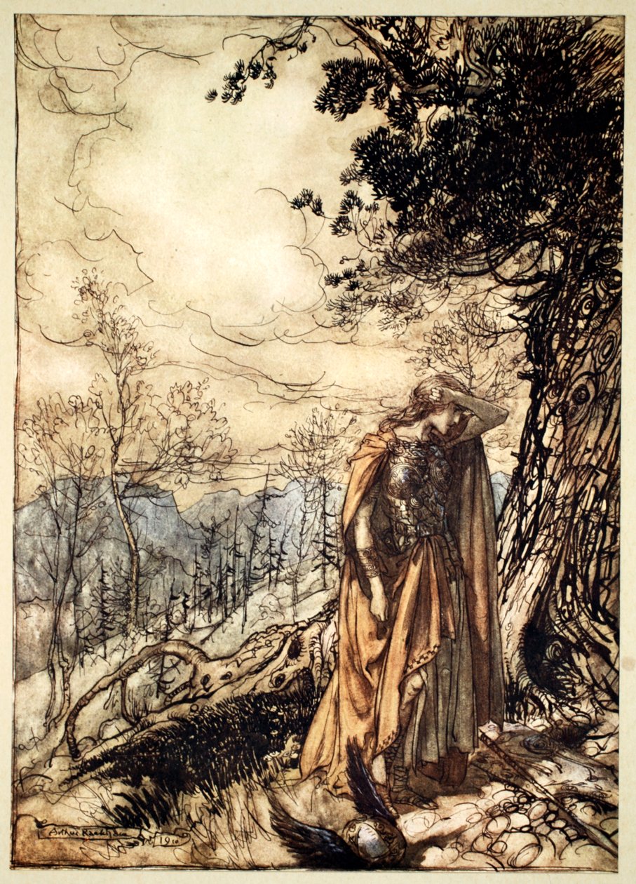 „Brunnhilda stoi długo, oszołomiona i zaniepokojona”, 1910. autorstwa Arthur Rackham