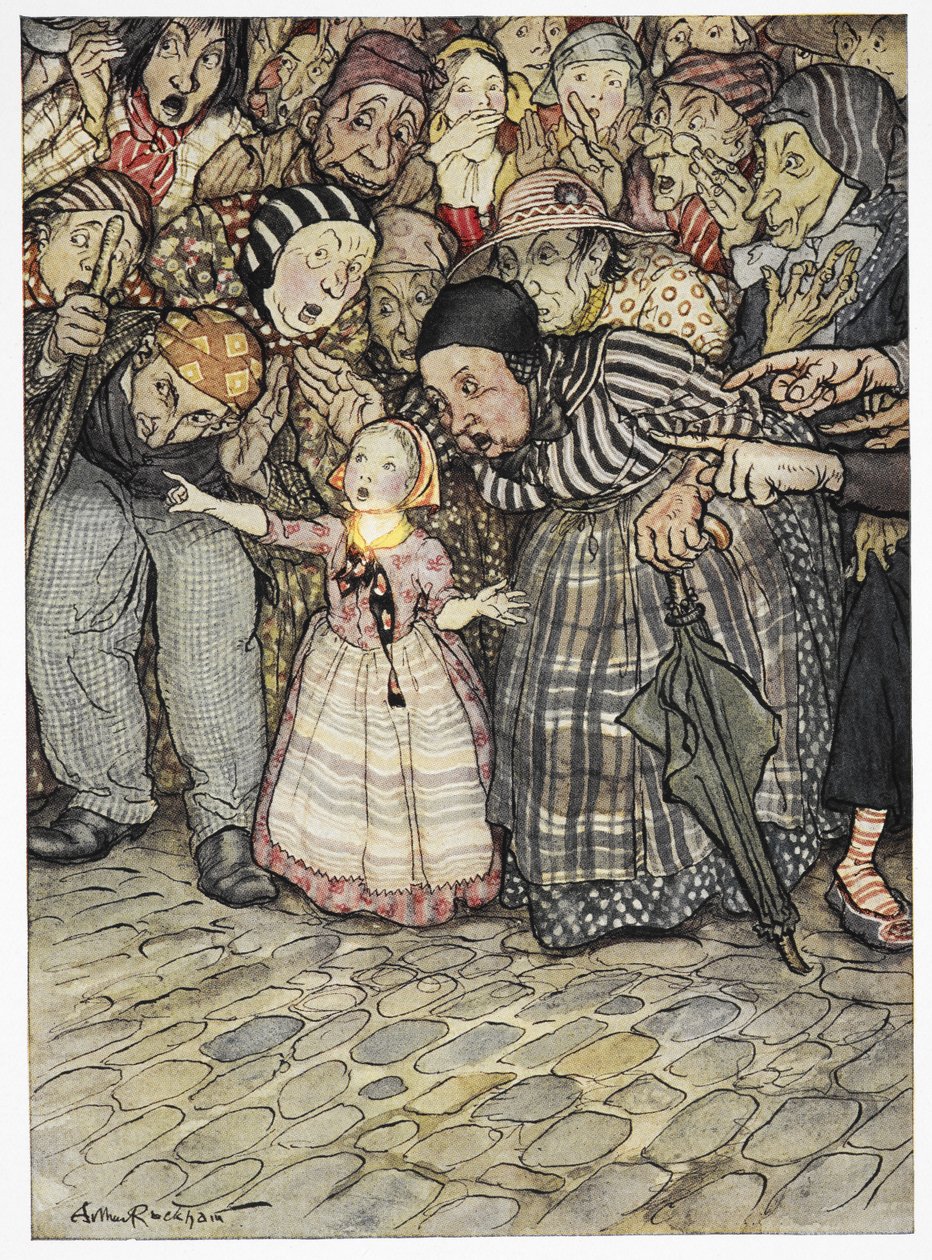 „Ale on w ogóle nie ma na sobie nic” – powiedziało małe dziecko. Kolorowa ilustracja do opowiadania „Nowe szaty cesarza”. autorstwa Arthur Rackham