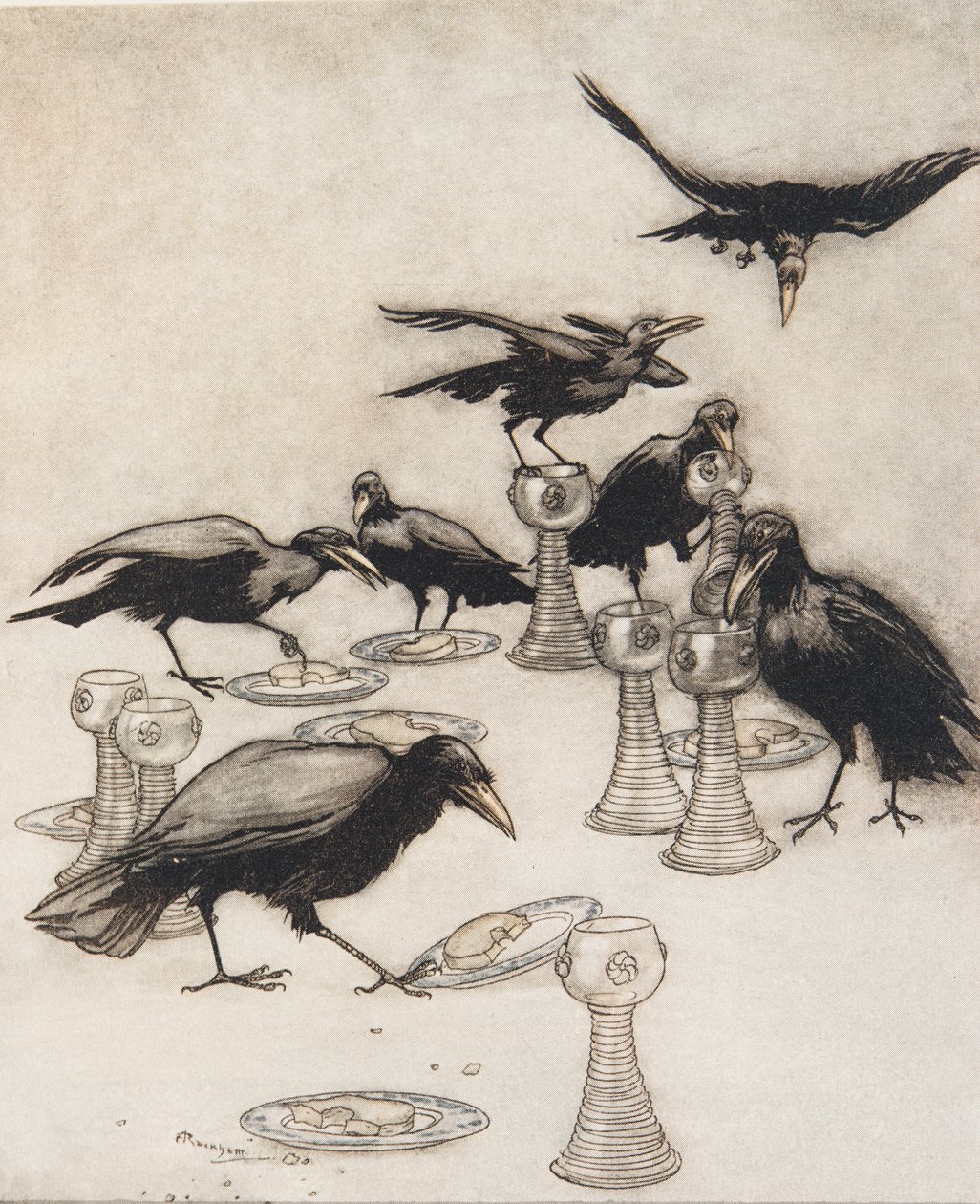 Ale powiedzieli jeden po drugim Halloa! Kto jadł z mojego talerza? Kto pił z mojego kubka? z Bajek braci Grimm, wyd. 1909 autorstwa Arthur Rackham