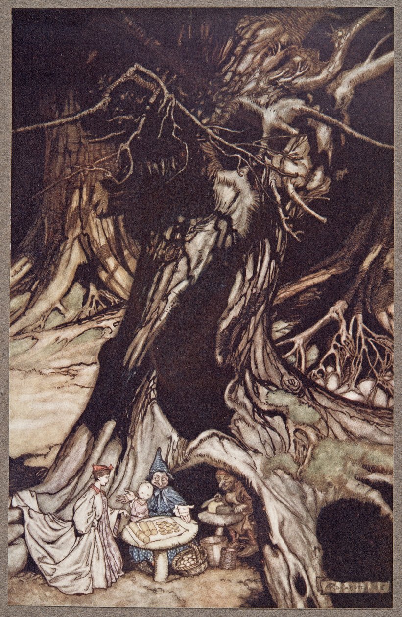 Masło pozyskuje się z korzeni starych drzew, z Peter Pan in Kensington Gardens J M Barrie (1860 - 1937), pub. 1906 autorstwa Arthur Rackham