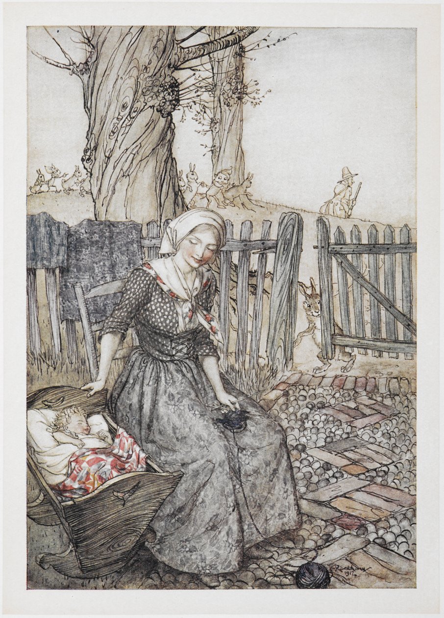 Żegnaj, dziecinko. Matka z dzieckiem w łóżeczku. Ojciec idzie na polowanie w tle. autorstwa Arthur Rackham