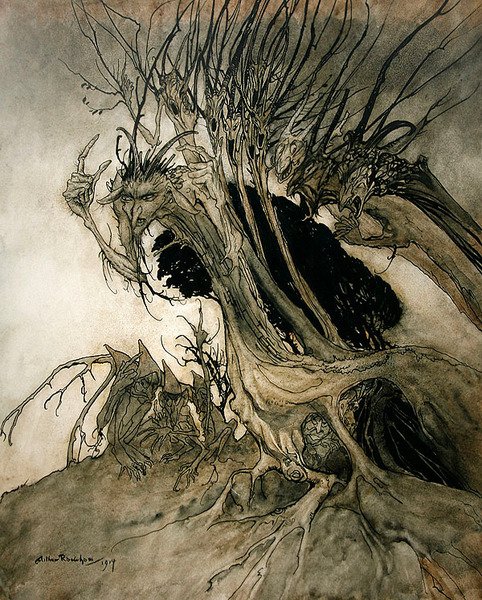 „Wzywanie kształtów i kuszące cienie straszne”, z „Comus” Miltona autorstwa Arthur Rackham