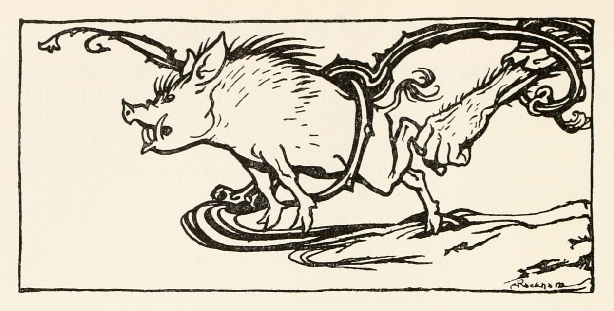 Carl łapiący dzika na kolację, z filmu „Carl of the Drab Coat w Irish Fairy Tales autorstwa Arthur Rackham