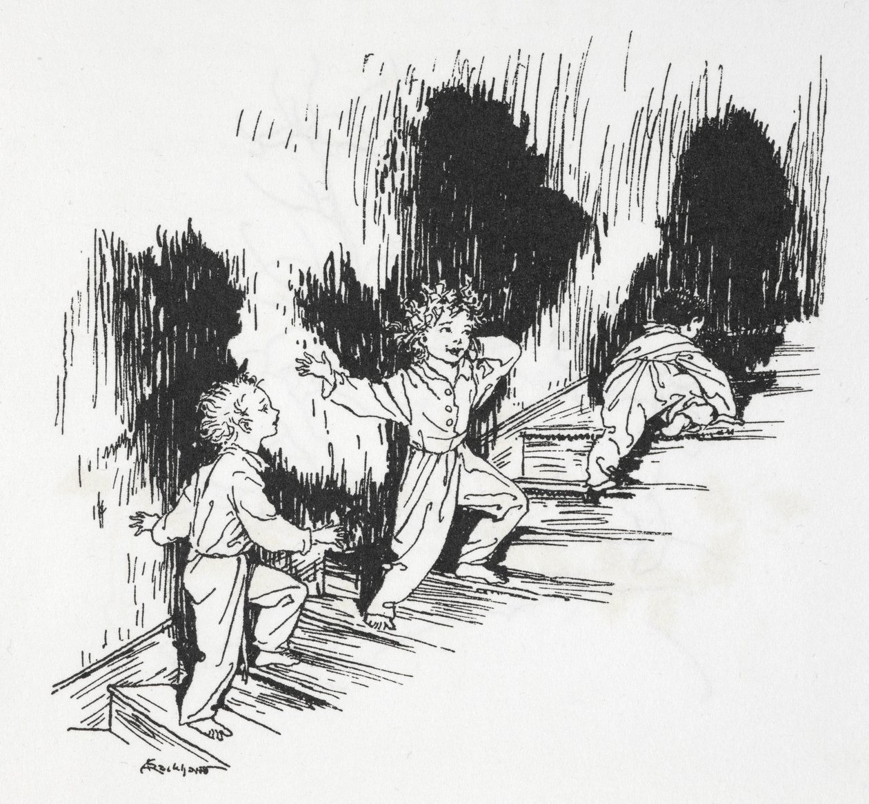 Dzieci skradające się nocą po schodach autorstwa Arthur Rackham