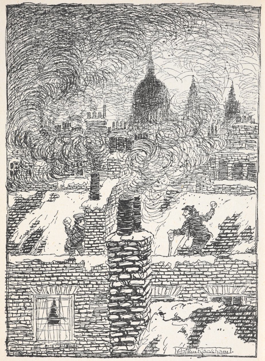 Dzieci bawiące się nocą na dachach w śniegu, z kopułą Bazyliki św. Pawła w oddali. autorstwa Arthur Rackham