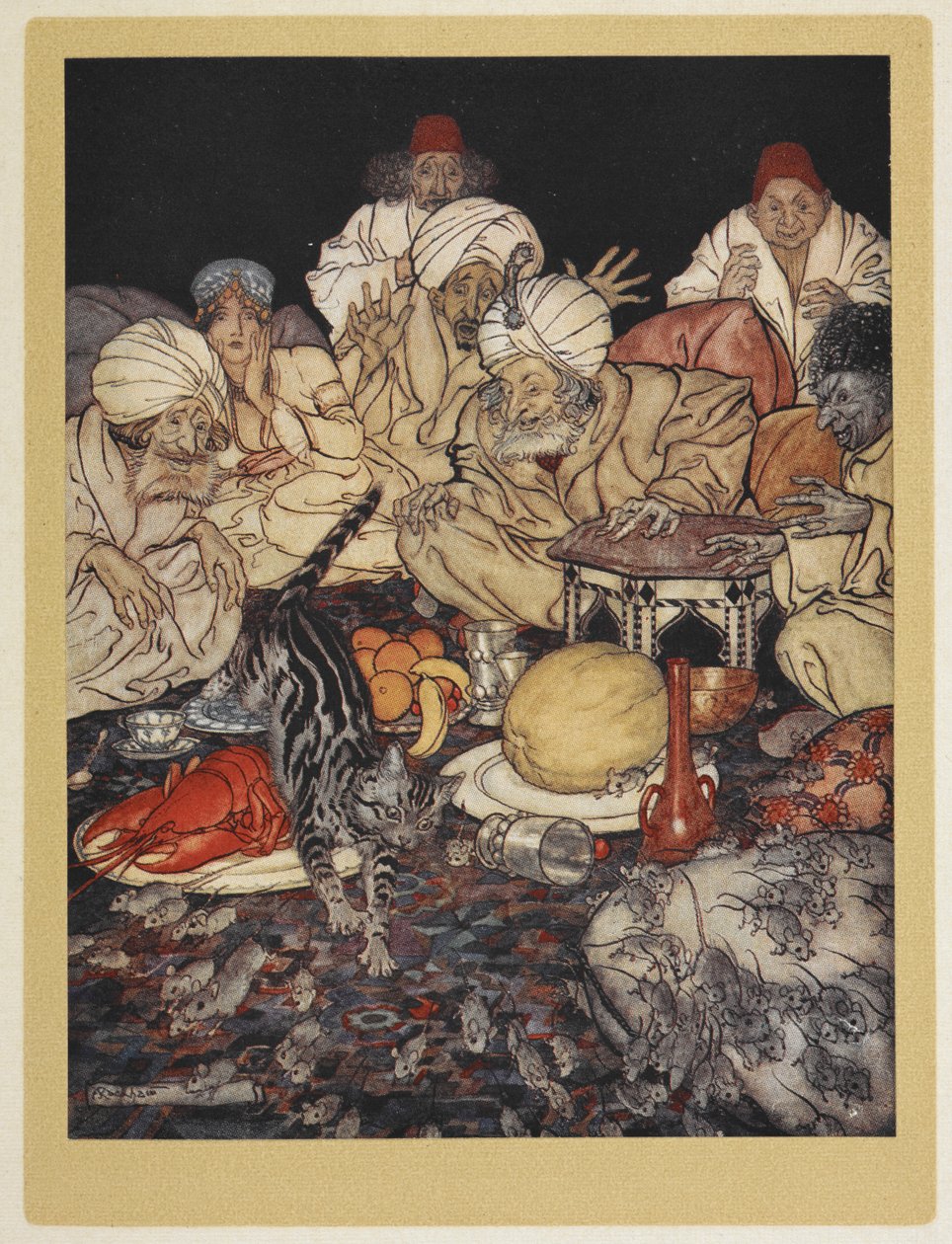 Kot Dicka Whittingtona jadący na myszach Króla Maurów. autorstwa Arthur Rackham