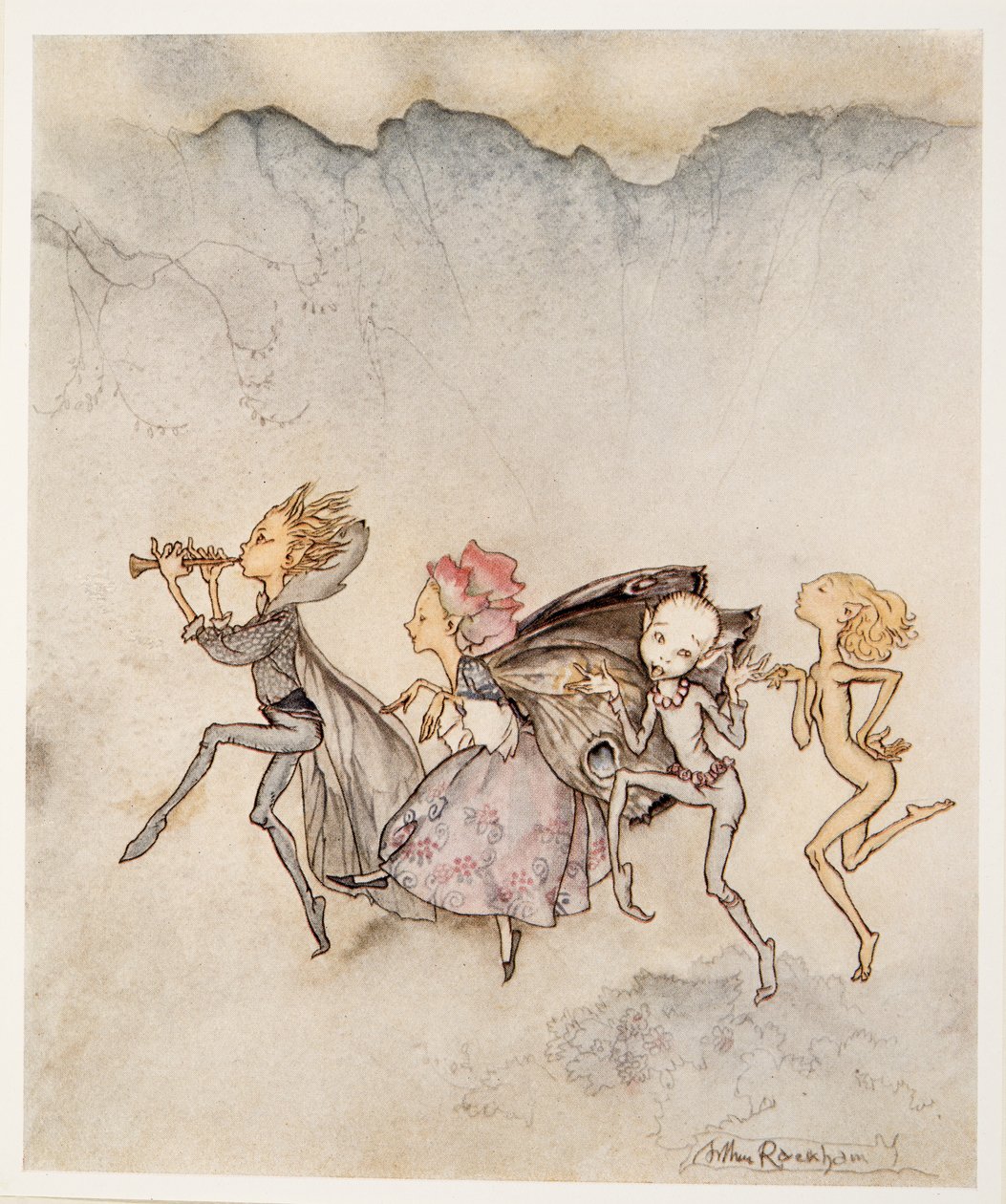 Każdy z nich, potykając się na palcach, będzie tu z mopem i kosiarką, ilustracja z Burzy Williama Shakespearesa, pub. 1926 autorstwa Arthur Rackham
