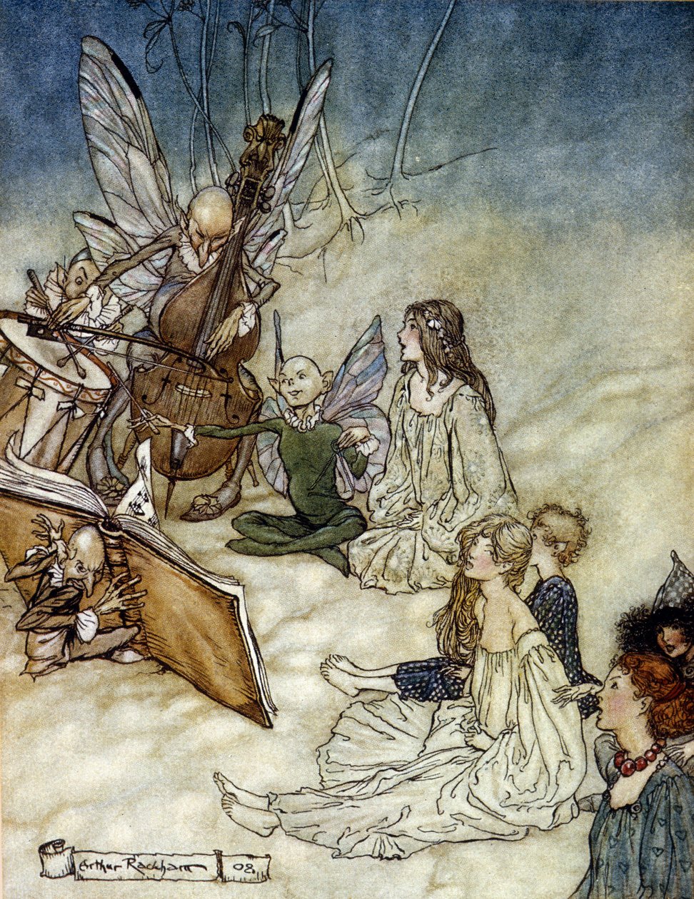 Elfy grające muzykę Ilustracja Arthura RACKHAMA (1867-1939) do „Snu letniej nocy” Williama Szekspira autorstwa Arthur Rackham