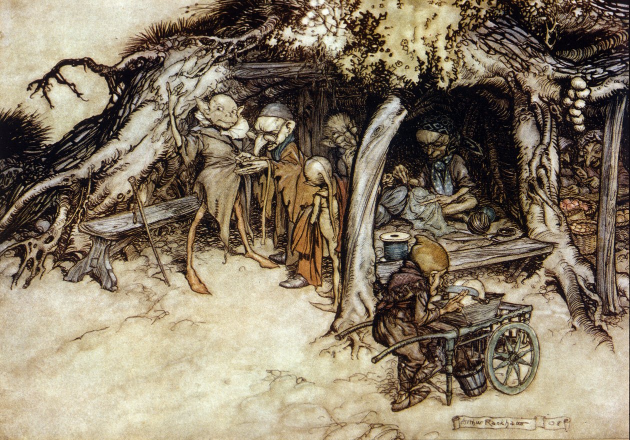 Elfy robią kurtkę, Ilustracja Arthura RACKHAMA (1867-1939) do „Snu letniej nocy” Williama Szekspira autorstwa Arthur Rackham
