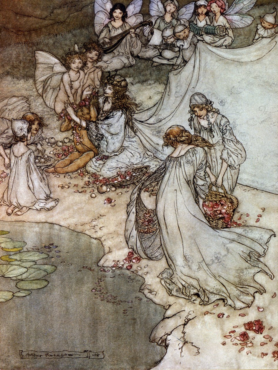 Elfy robią różane naszyjniki. Ilustracja Arthura RACKHAMA (1867-1939) do „Snu letniej nocy” Williama Szekspira autorstwa Arthur Rackham