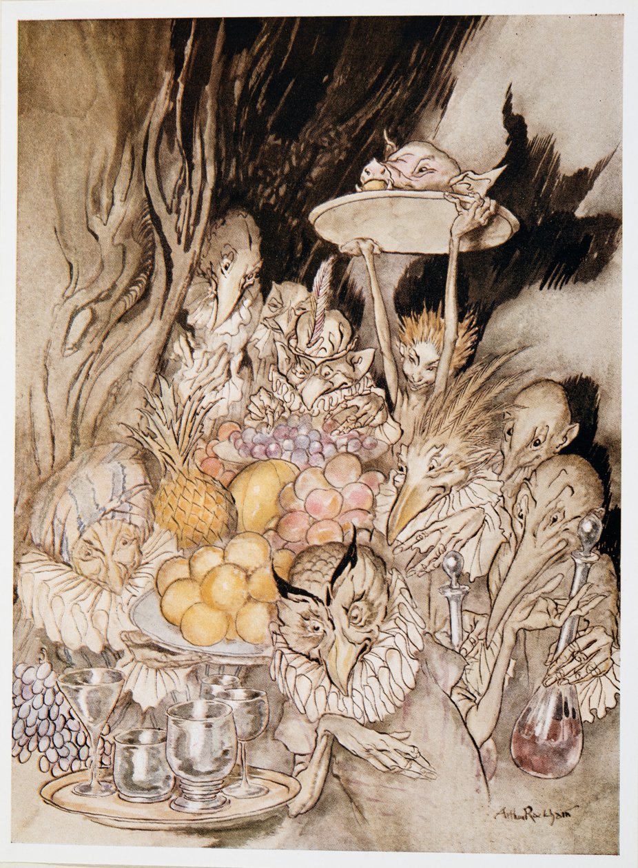 Enter kilka dziwnych Kształty, przynosząc banquest ?.zapraszając króla, itp. do jedzenia, ilustracja z William Shakespeares The Tempest, pub. 1926 autorstwa Arthur Rackham
