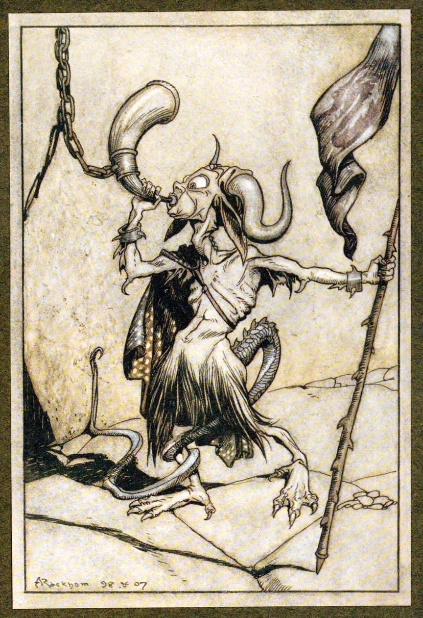 Nim w bramie Baszty Barbakańskiej zadął w róg z głośną dwudziestką trąbą, 1907 autorstwa Arthur Rackham