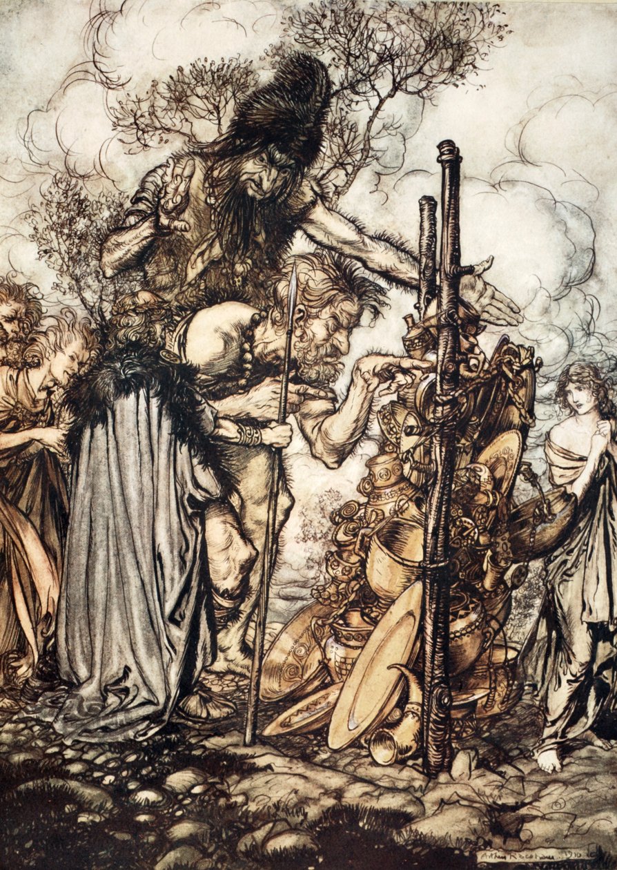 Fafner: Hej! Chodź tu i zatrzymaj mnie w tej szczelinie!”, 1910. autorstwa Arthur Rackham