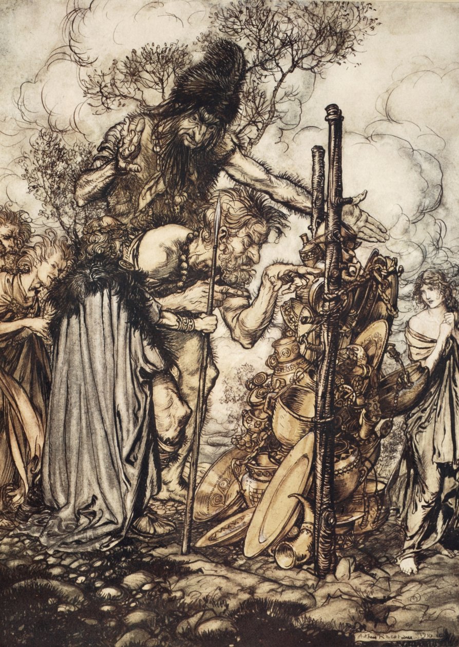 Fafner: „Hej! Chodź tu i zatrzymaj mnie w tej szczelinie!”, ilustracja z „Złoto Renu i Walkiria”, 1910 autorstwa Arthur Rackham