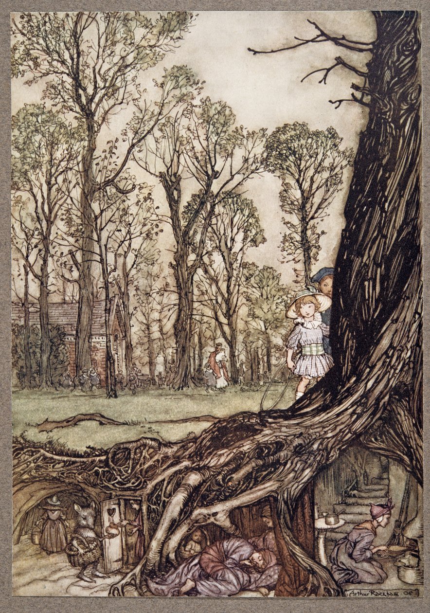 Wszystkie wróżki ukrywają się mniej więcej do zmierzchu, od Piotrusia Pana w Kensington Gardens JM Barrie (1860 - 1937), wyd. 1906 autorstwa Arthur Rackham