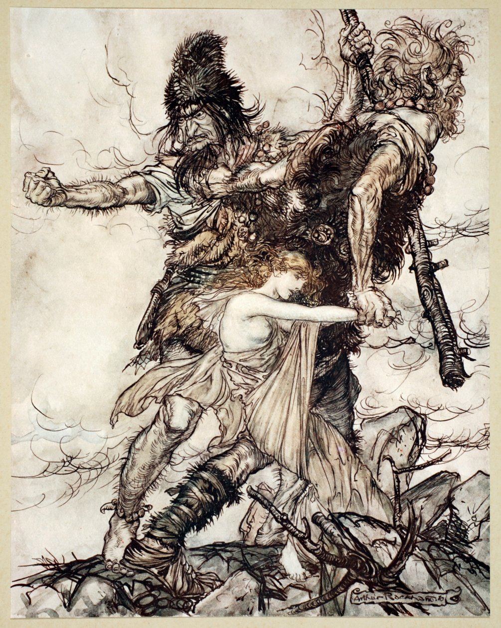 „Fasolt nagle chwyta Freię i ciągnie ją na bok z Fafnerem”, 1910. autorstwa Arthur Rackham