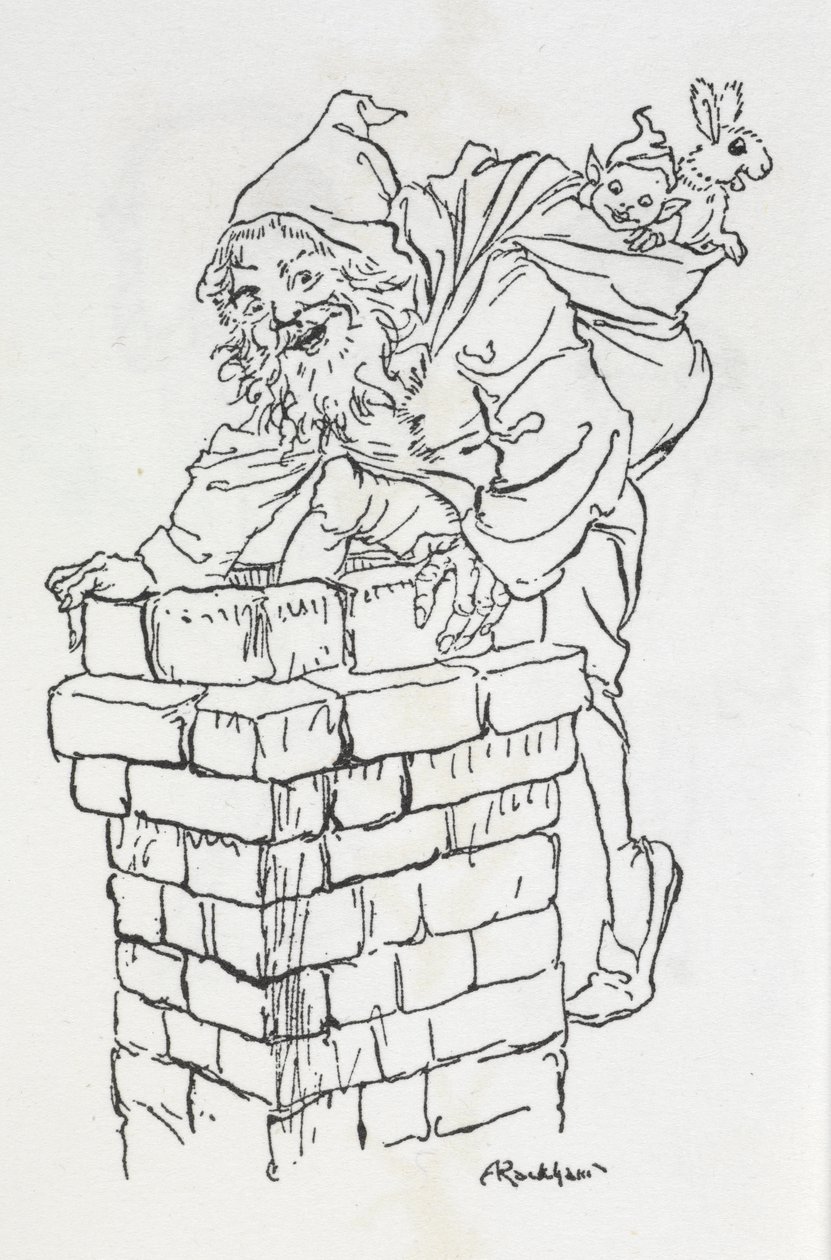 Święty Mikołaj wspina się do komina z prezentami autorstwa Arthur Rackham