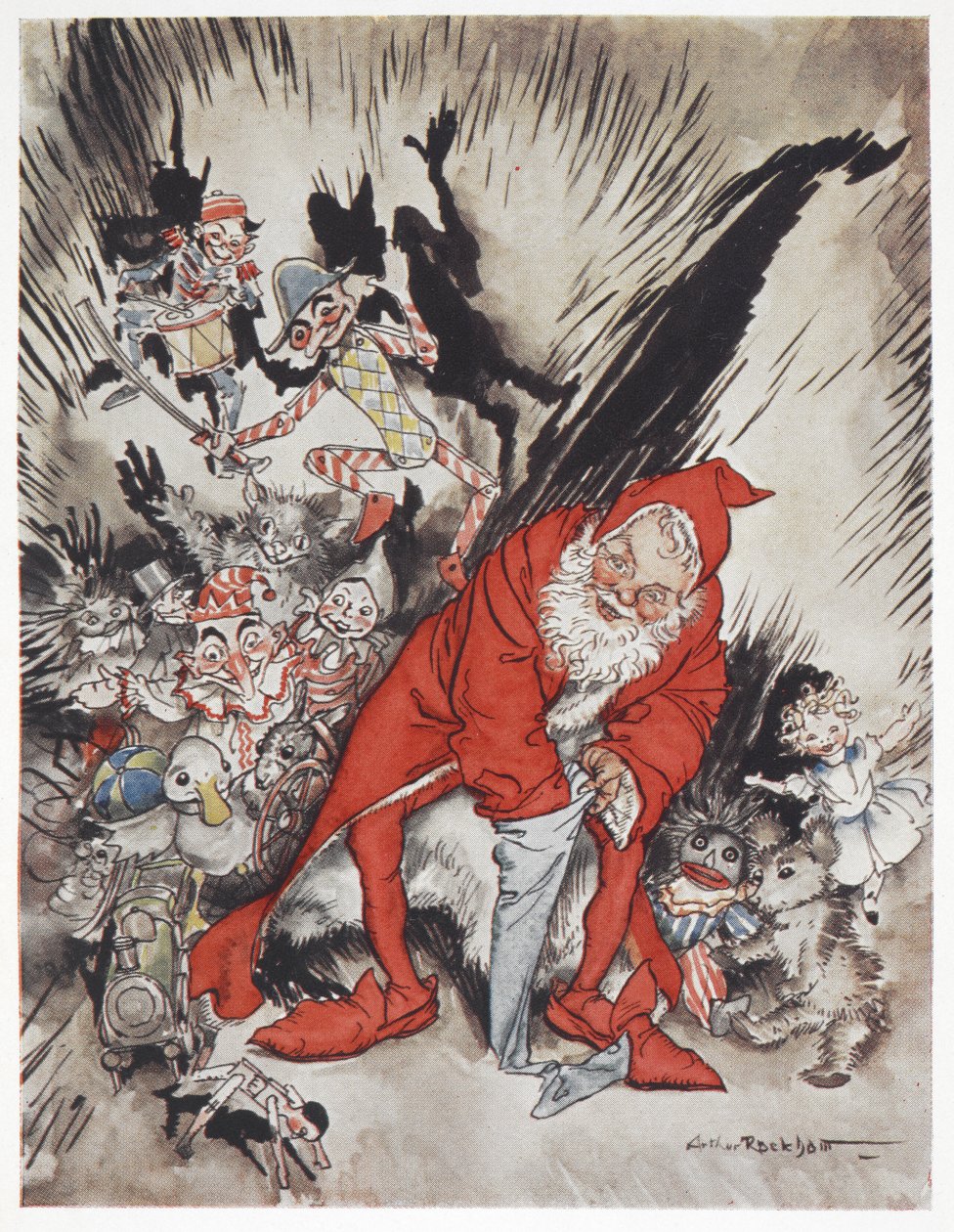 Święty Mikołaj otoczony prezentami autorstwa Arthur Rackham
