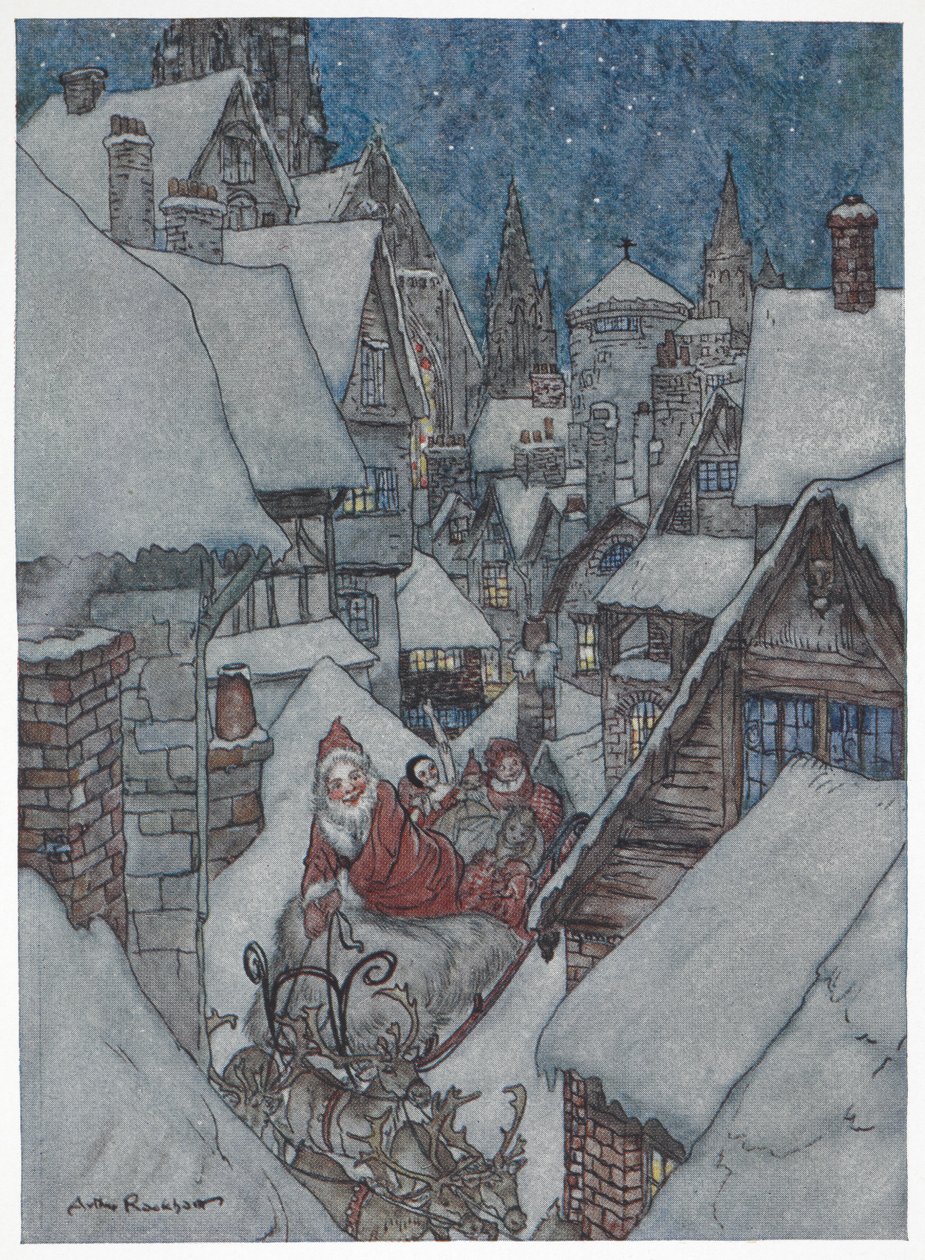 Święty Mikołaj podróżuje przez zaśnieżone ulice na swoich saniach autorstwa Arthur Rackham