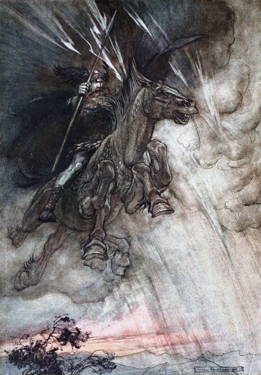 Wściekle Wotan jedzie do skały. Ilustracja do Złota Renu i Walkirii autorstwa Richarda autorstwa Arthur Rackham