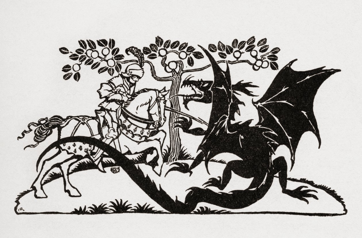 Jerzy i smok. Z książki English Fairy Tales opowiedzianej przez FA Steel z ilustracjami Arthura Rackhama, opublikowanej w 1927 r. autorstwa Arthur Rackham