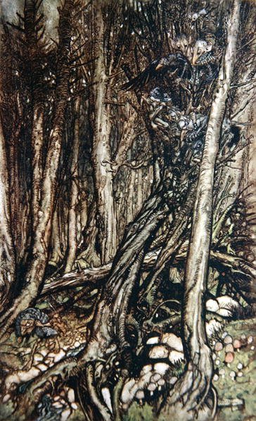 Krasnale, ilustracja z książki „Undine” barona Friedricha de la Motte Fouque (1777-1843) 1909 (lit) autorstwa Arthur Rackham