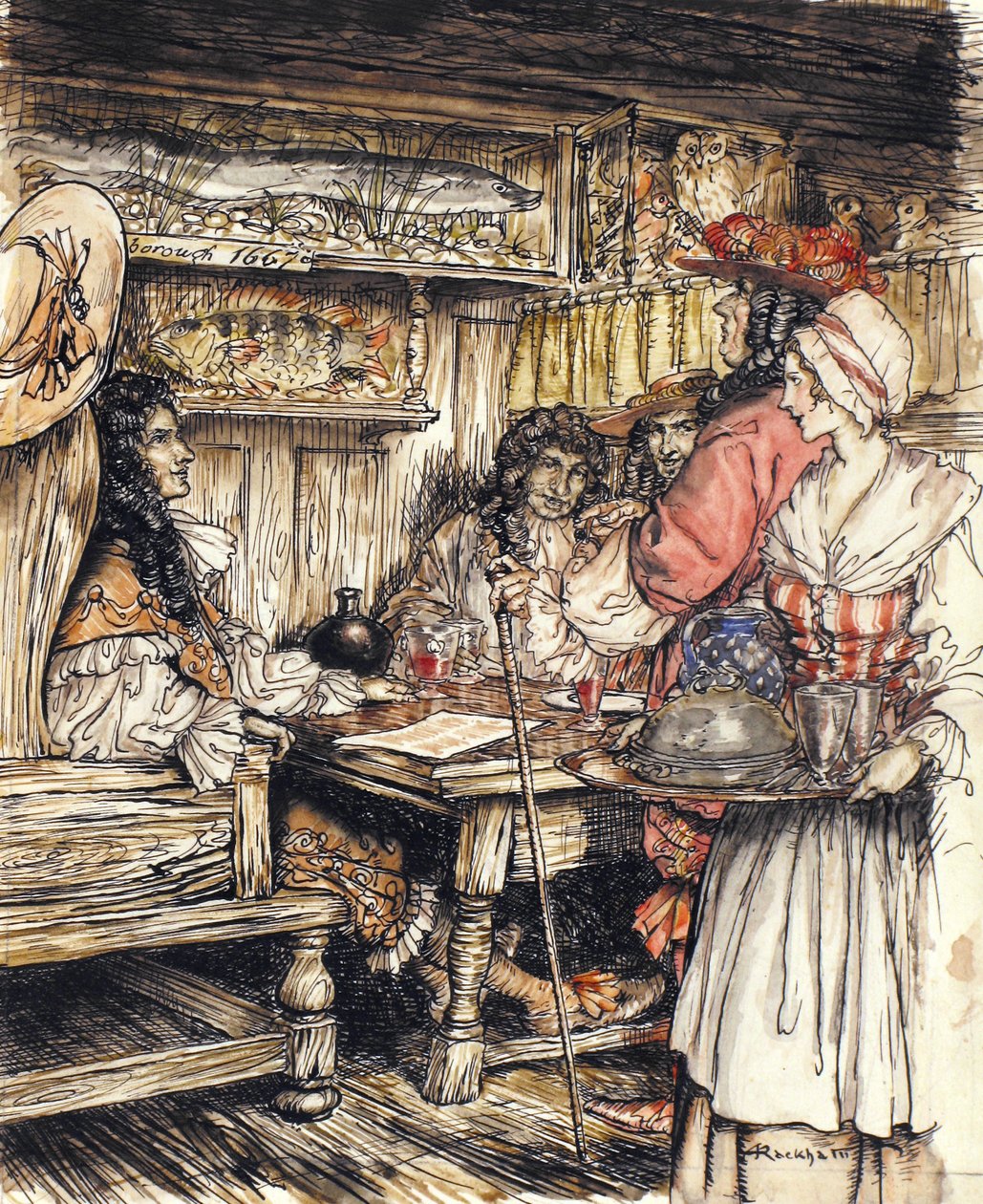 Idź i zobacz w jednej z kawiarni przy King Street w Westminster, ilustracja z The Compleat Angler autorstwa Isaaca Waltona, 1931 (pióro i atrament oraz akwarela na papierze) autorstwa Arthur Rackham