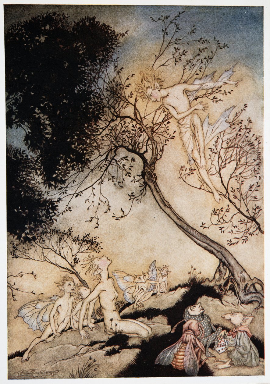 Idź sprowadź motłoch, Oer, któremu daję ci władzę, tutaj, do tego miejsca, Frontispiece z Williama Szekspira Burza, wyd. 1926 autorstwa Arthur Rackham