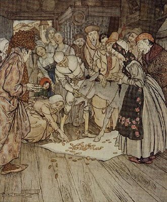 Ilustracja „Złote kawałki spadły na płótno” do „Umywalki, złotego tyłka i pałeczki” z Bajek braci Grimm autorstwa Arthur Rackham