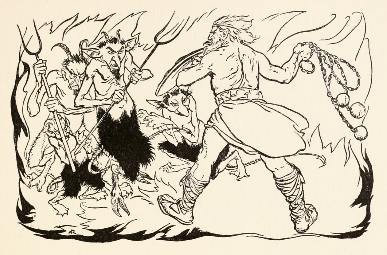 Goll mac Morna atakuje piekło, aby uratować Fionna i Fianna-Finn, z Małej bójki w Allen w irlandzkich bajkach autorstwa Arthur Rackham