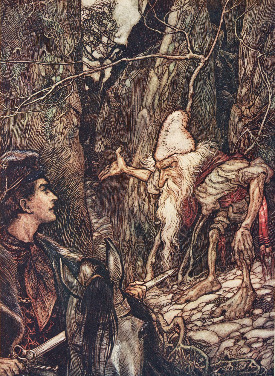 Dobry krasnoludku, czy nie możesz mi powiedzieć, gdzie są moi bracia? z Bajek braci Grimm, wyd. 1909 autorstwa Arthur Rackham