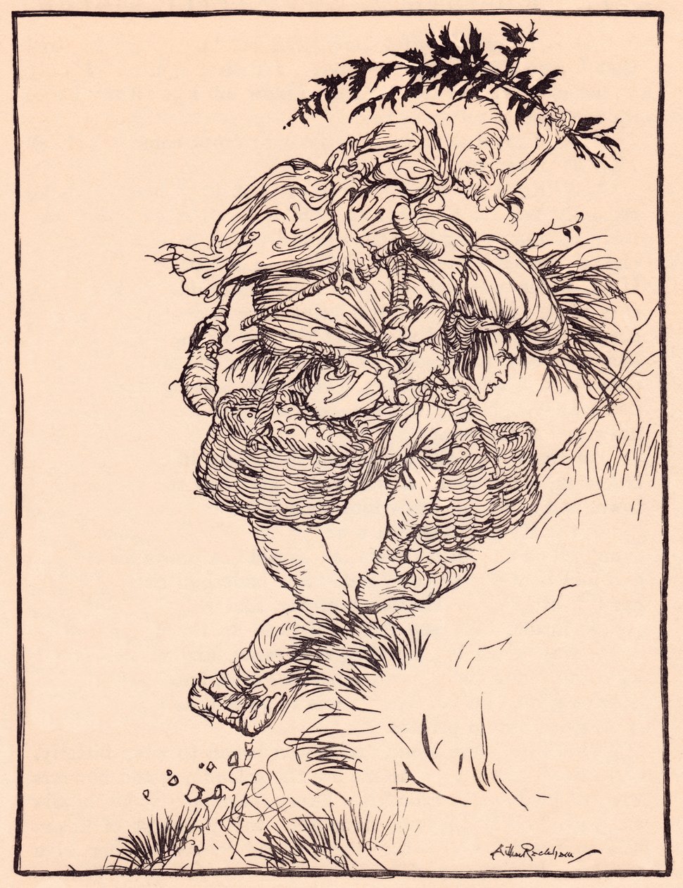 Jęcząc nieustannie, wspiął się na górę. Ilustracja autorstwa Arthura Rackhama z baśni Grimm, The Goose Girl at the Well. autorstwa Arthur Rackham