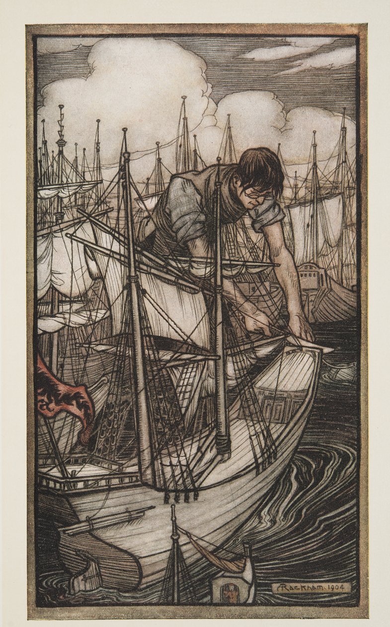 Gulliver przejmuje flotę wroga, z Podróży Guliwera Jonathana Swifta (1667-1745), wyd. 1909 autorstwa Arthur Rackham