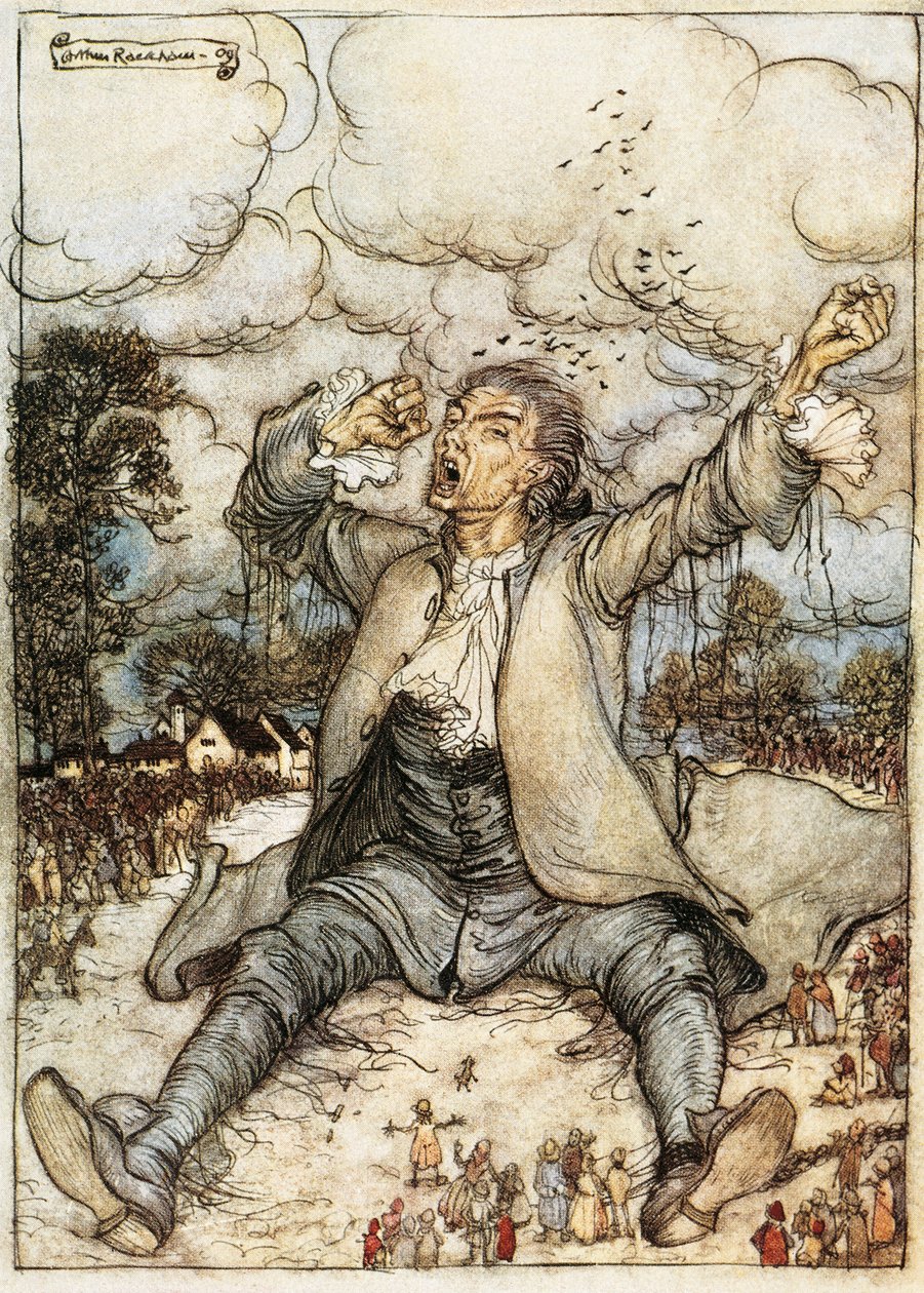 Guliwer budzący się w Lilliput, ilustracja z Podróży Guliwera autorstwa Jonathana Swifta, autorstwa Arthura Rackhama autorstwa Arthur Rackham