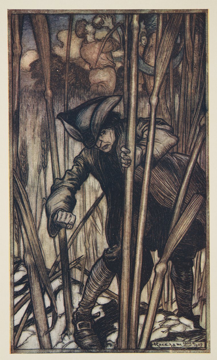 Guliwera ogarnia strach na pierwszy rzut oka Brobdingnagian Żniwiarzy, z Podróży Guliwera Jonathona Swifta (1667 - 1745), wyd. 1909 (kolor lito) autorstwa Arthur Rackham